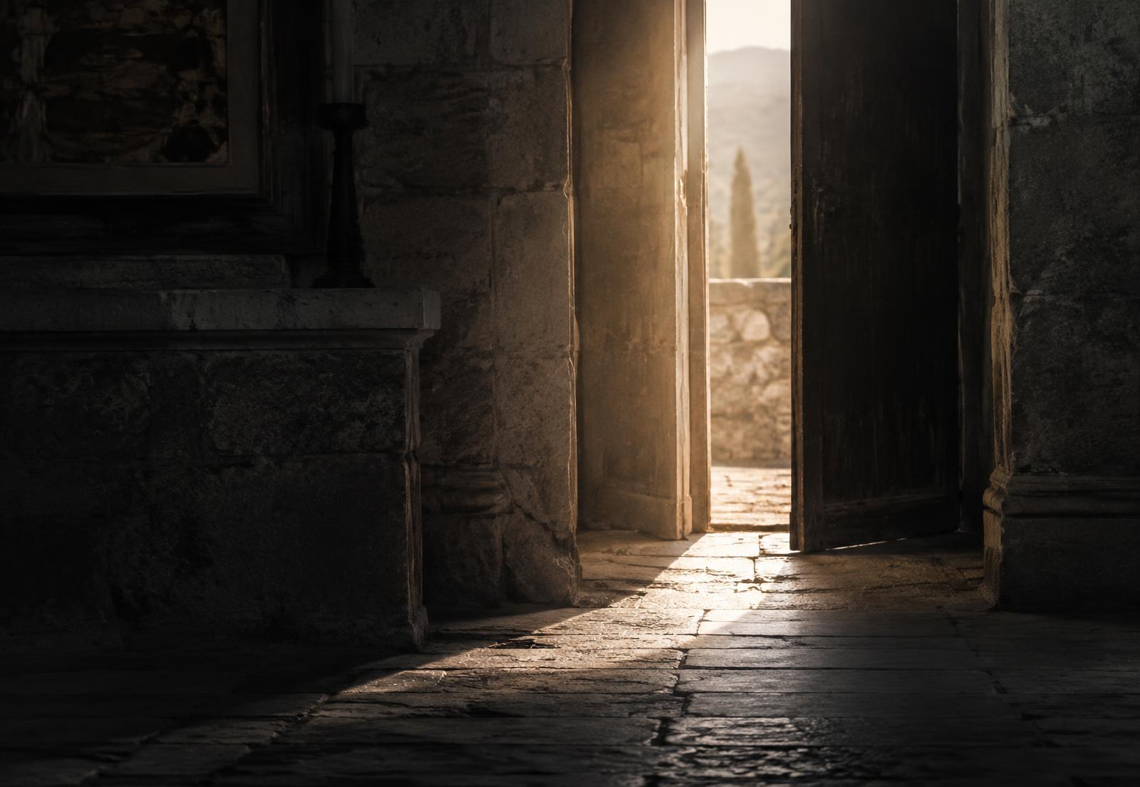A narrow doorway of warm light opening in a dark stone interior